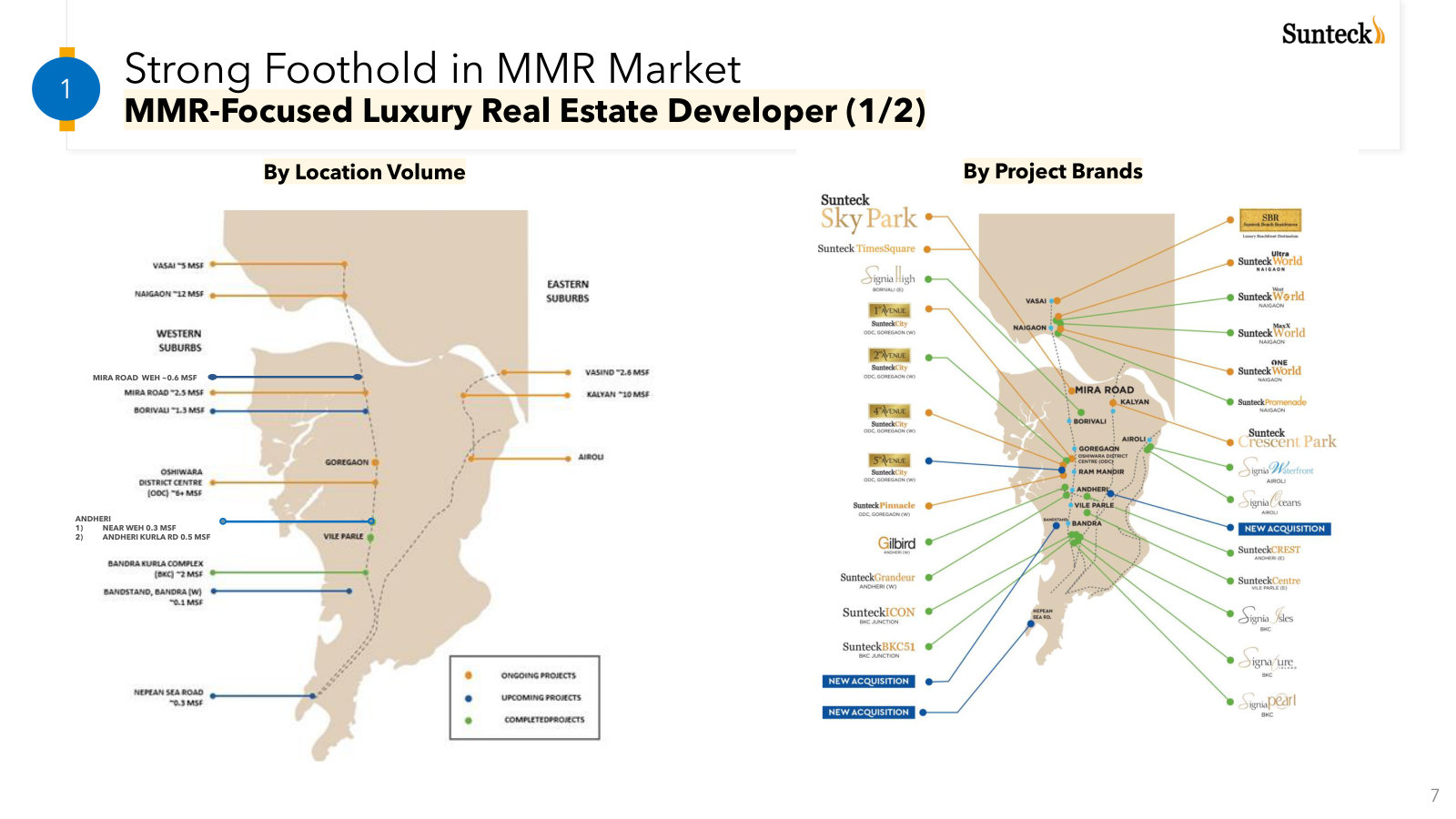 Where the portfolio actually sits: two maps place every ongoing, upcoming and completed project across the Mumbai region.